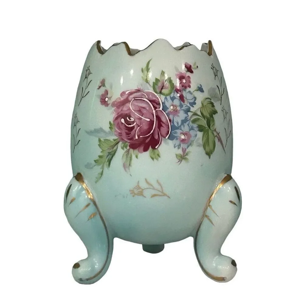 Vtg Napcoware Cracked Egg Porcelain Vase Medium Multi Floral Gold Trim Footed